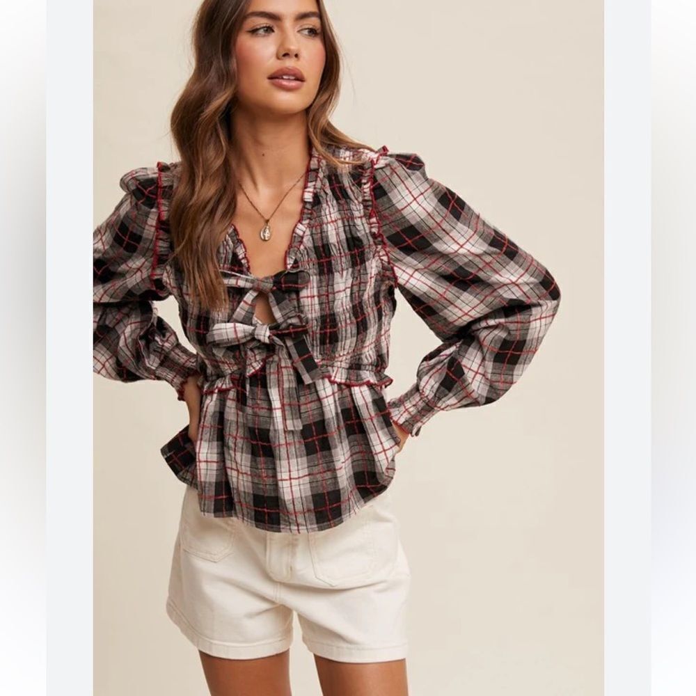 Listicle Plaid Ruffle Trim smocked Peplum long sleeve Blouse size small- NWOT!
